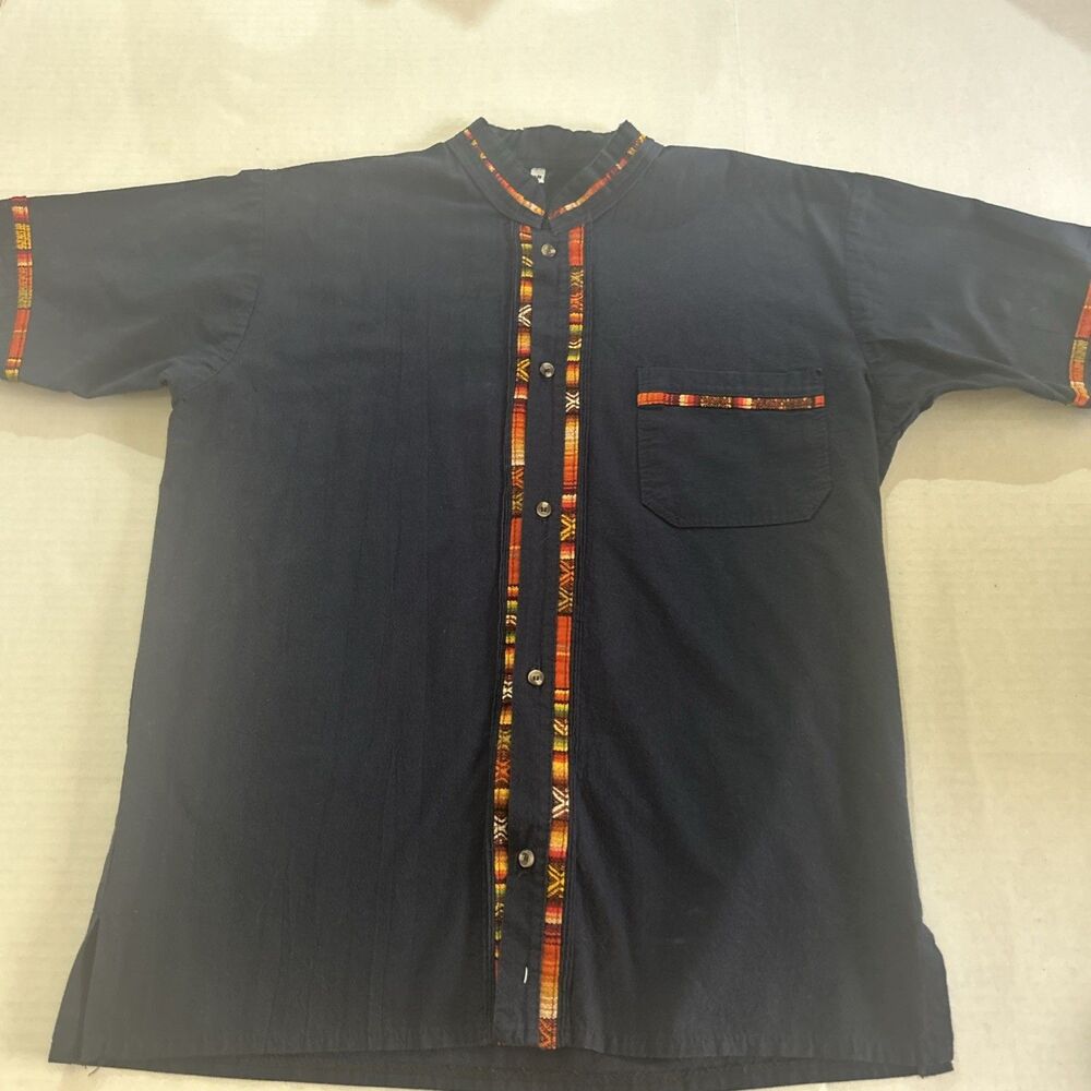 Handmade Men's Traditional Dark Blue Mexican Guayabera Size Small